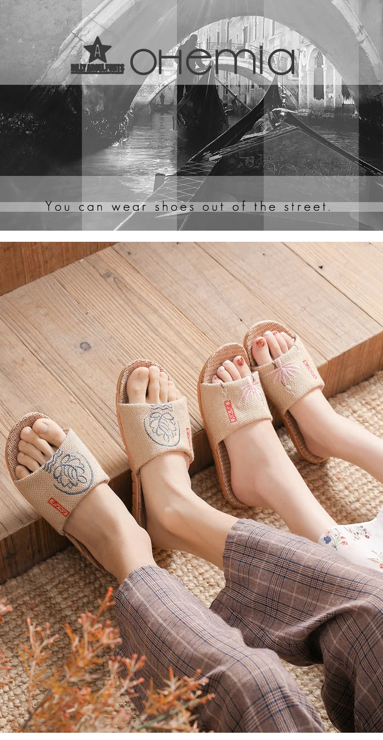 New Linen Slippers For Women Summer Indoor Home Non-Slip Home Home Embroidered Sandals Summer