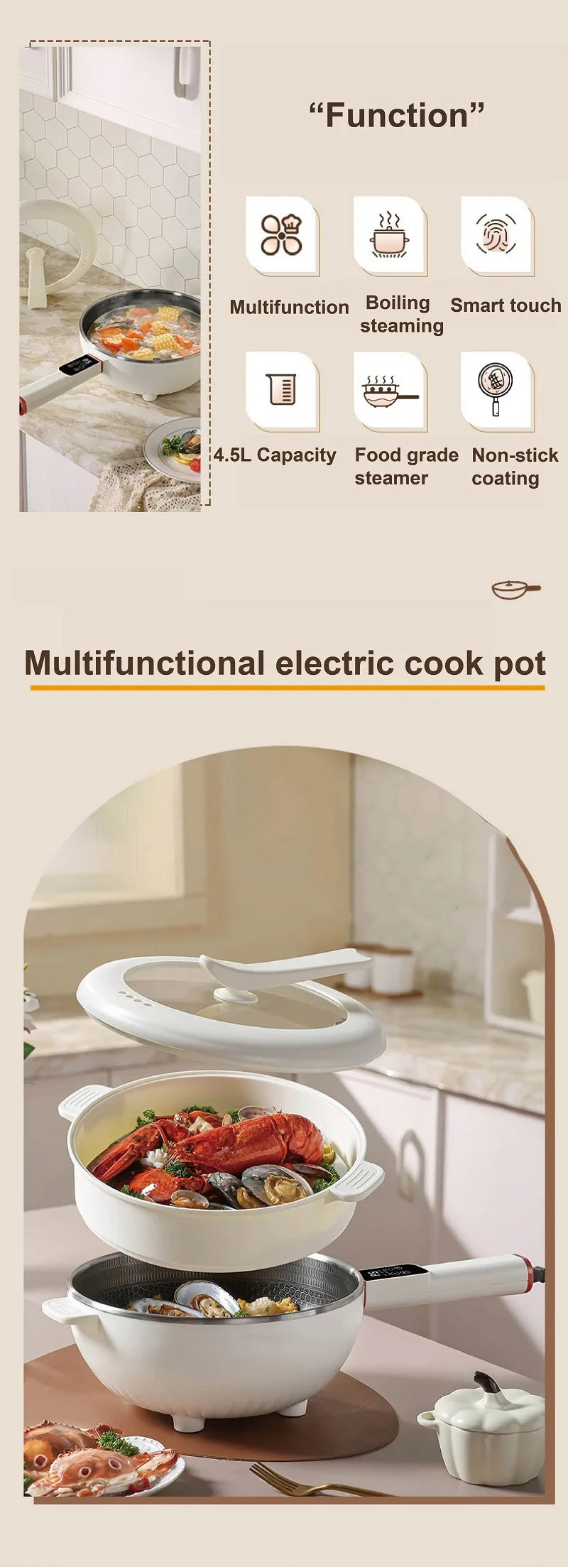 4.5L Multifunctional Electric Frying Pot Smart Electric Cooker Non-stick Frying Pot Large Capacity Electric Hot Pot 1350W