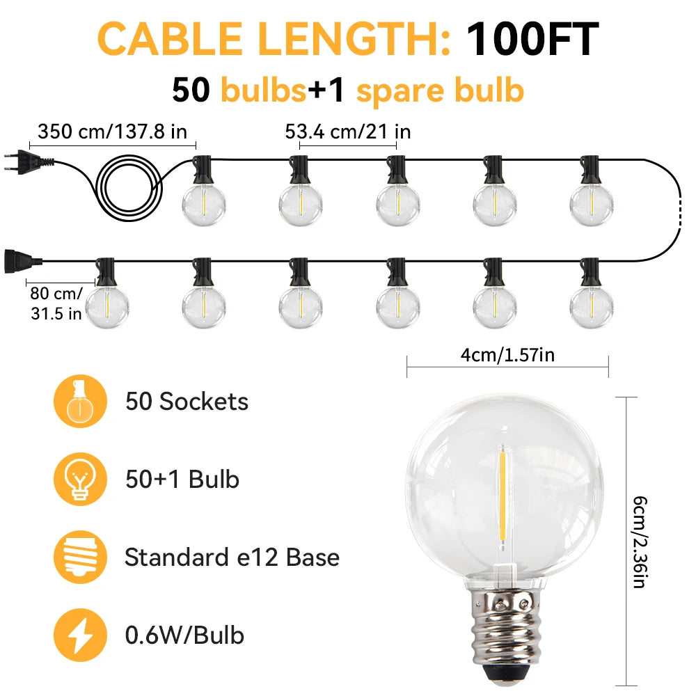 30M LED Fairy String Light Outdoor Birthday Party Light String G40 Patio Garden Light Clear Vintage Bulb Chain For Wedding Decor