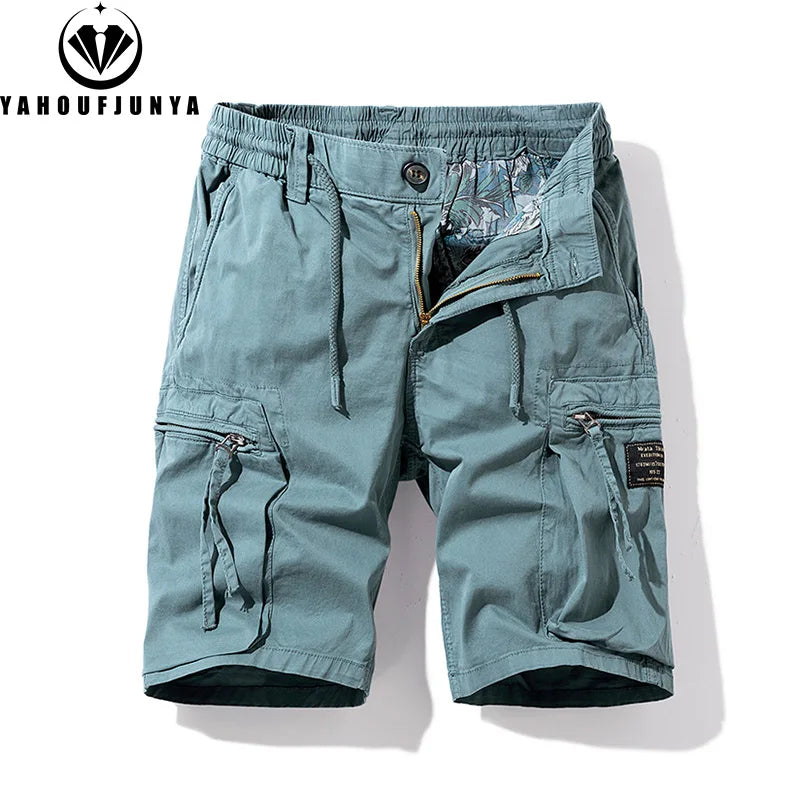 Men Summer Solid Color Outdoor Leisure Cargo Comfortable Shorts Men Elastic Waist Loose Straight High-Quality Design Shorts Male
