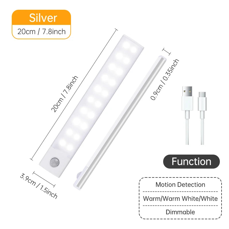Night Light 20/30/40/60CM Motion Sensor Light Wireless USB LED Cabinet Light Wardrobe Lamp For Kitchen Cabinet Bedroom Wardrobe