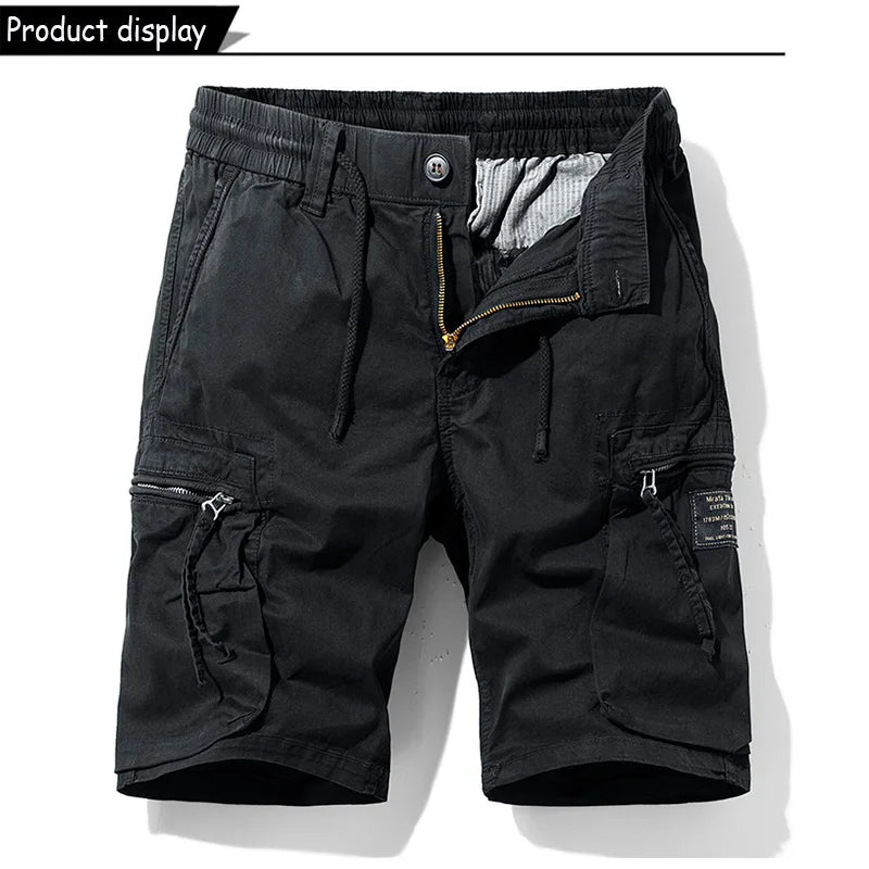 Men Summer Solid Color Outdoor Leisure Cargo Comfortable Shorts Men Elastic Waist Loose Straight High-Quality Design Shorts Male