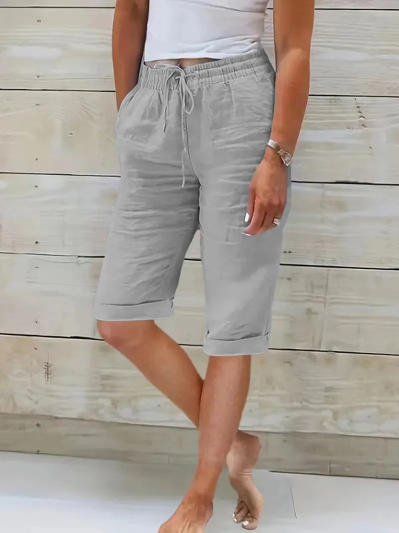 Womens Summer Elastic Waist Pocket Pocket Solid Color Cotton Linen Wide Leg Pants Loose Pants Pants for Women Women’s Pants