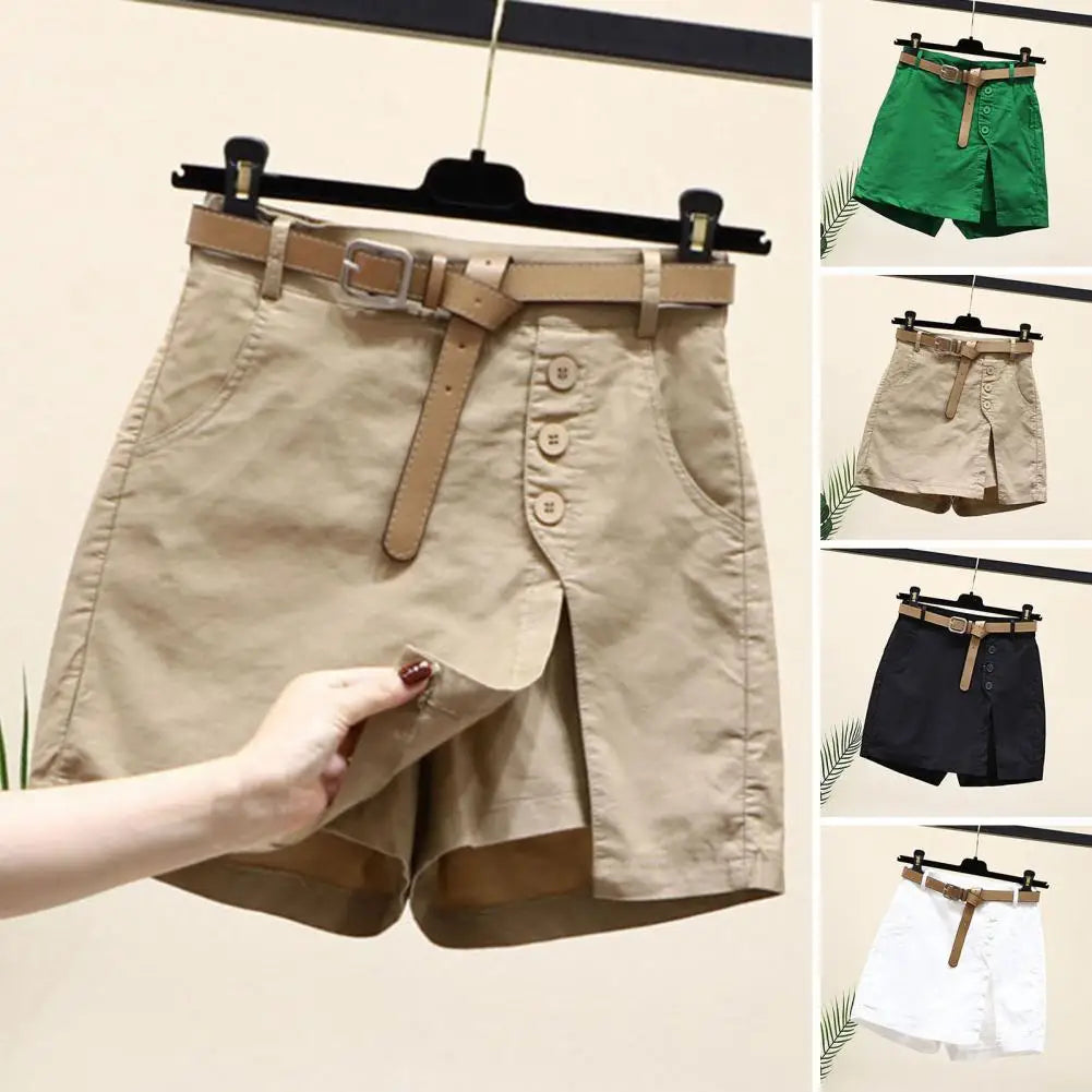 Leg Shorts Women High Waist Shorts Stylish High Waist Women's Skirt Shorts with Button Decor Side Split Above Knee Length