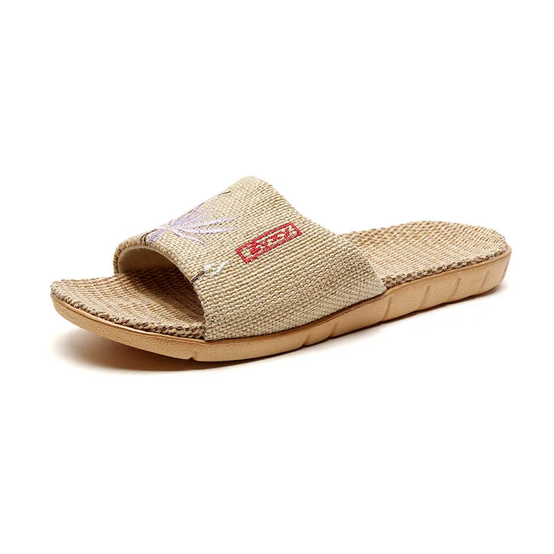 New Linen Slippers For Women Summer Indoor Home Non-Slip Home Home Embroidered Sandals Summer