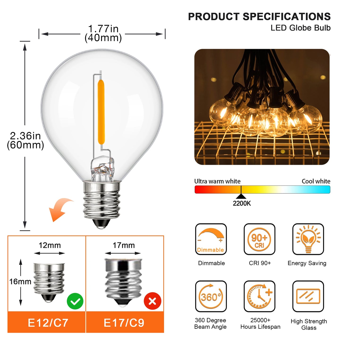 Sphoon Vintage G40 LED String Lights Dimmable Waterproof Connectable 50FT 65FT Garden Garland Decoration Outdoor Fairy Light