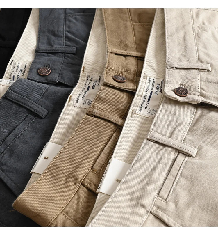 2025 Spring and Autumn New American Retro Woven Twill Chino Cargo Pants Men's Simple 100% Cotton Washed Casual Straight Trousers