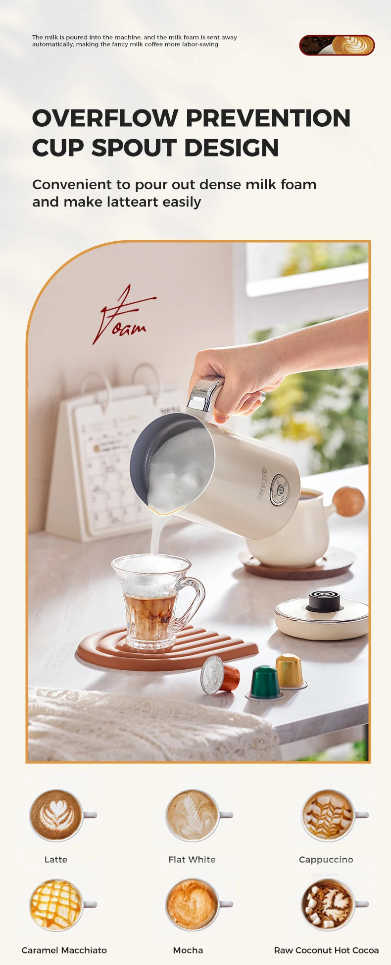 Cafelffe 4in1 Electric Milk Frother Frothing Foamer Chocolate Mixer Cold/Hot Latte Cappuccino Automatic foam milk heater Warmer