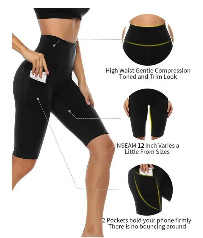 Anfilia Women Yoga Shorts Jogging Running Cycling Fitness Sportswear High-waist with Side Pockets Sporty Shorts Solid Color
