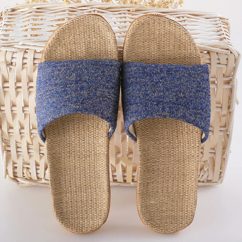 Home couple indoor slippers wooden floor cotton linen linen slippers home non-slip men and women thick bottom summer