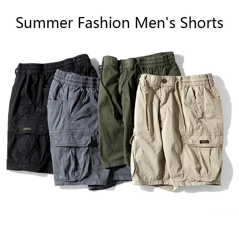 Men Summer Solid Color Outdoor Leisure Cargo Comfortable Shorts Men Elastic Waist Loose Straight High-Quality Design Shorts Male