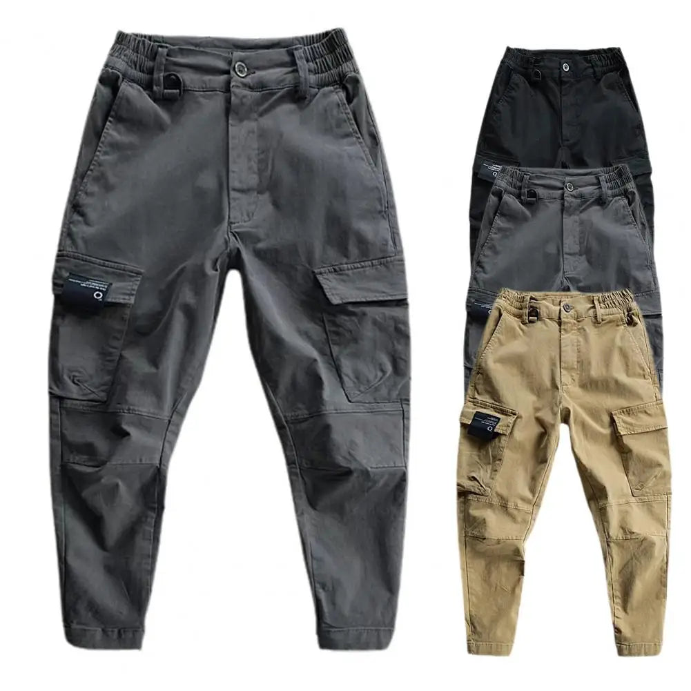 Stylish Cargo Pants Ankle-Length Solid Color Multi Pockets Men Fitness Pants Slim Fit Comfortable Sports Pants for Jogging