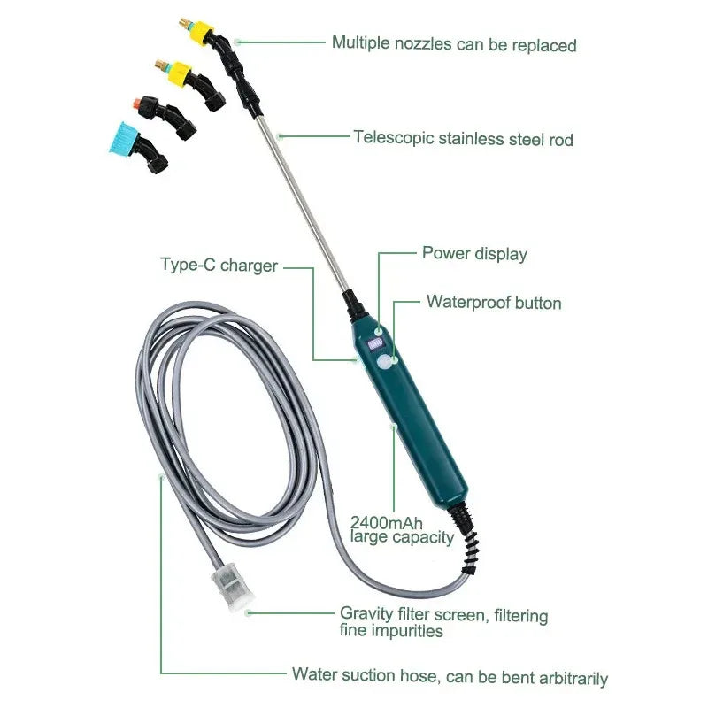 2400mAh Portable Electric Sprayer Wand Irrigation Tool 3 Mist Nozzles Plant High-Pressure Sprinkler Watering Garden Irrigation