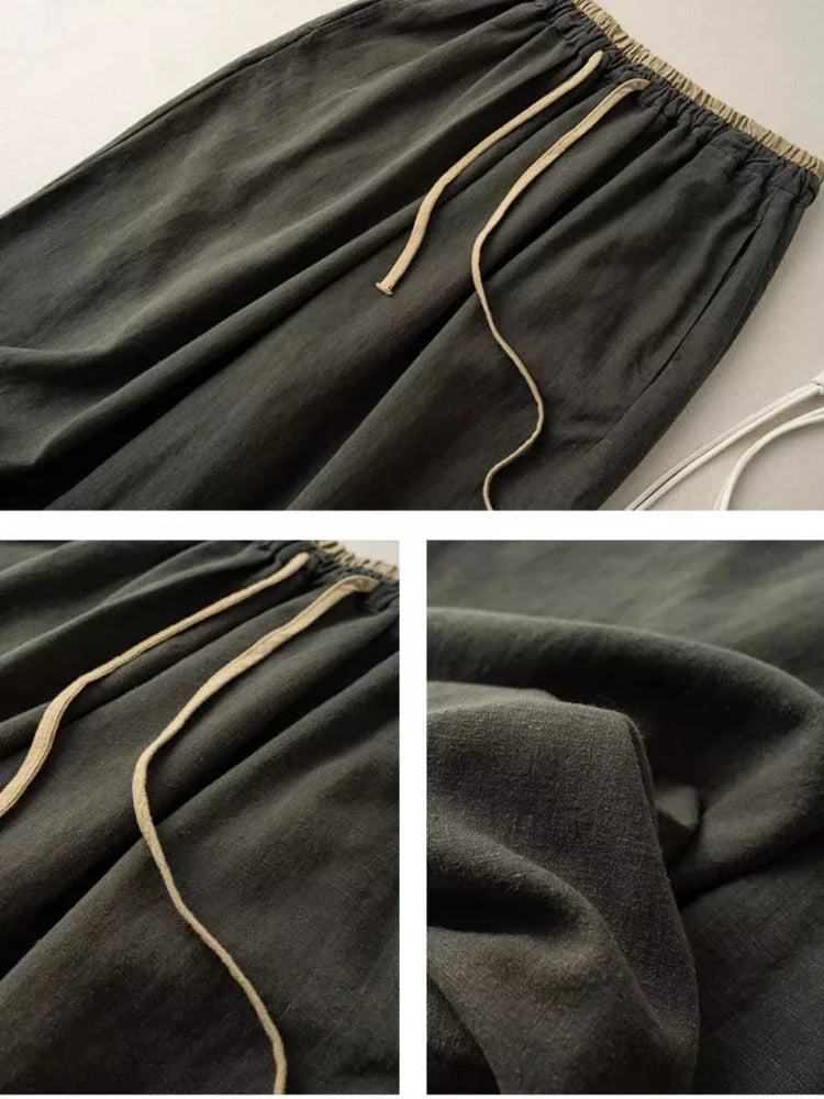 Elastic Drawstring Waist Casual Pants Summer Retro Cotton Linen Loose Harem Pants Basic Versatility Wide-leg Ankle-Length Pants