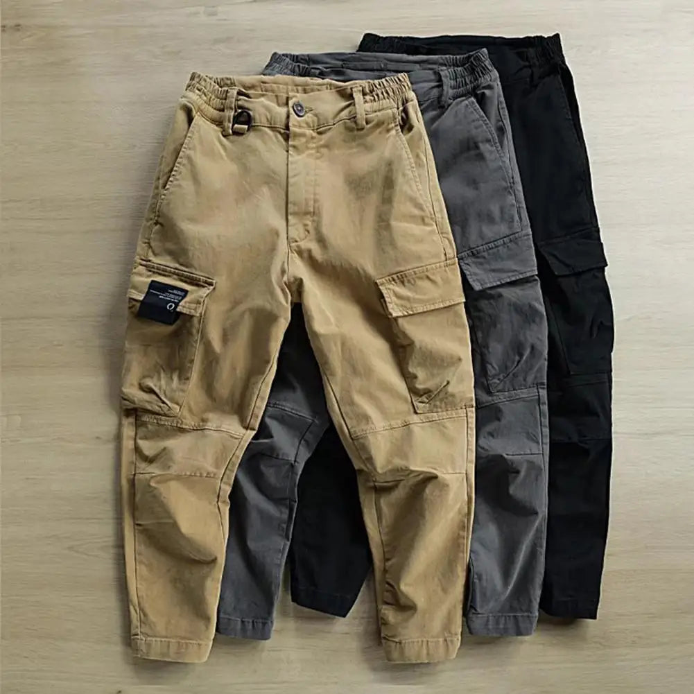 Stylish Cargo Pants Ankle-Length Solid Color Multi Pockets Men Fitness Pants Slim Fit Comfortable Sports Pants for Jogging