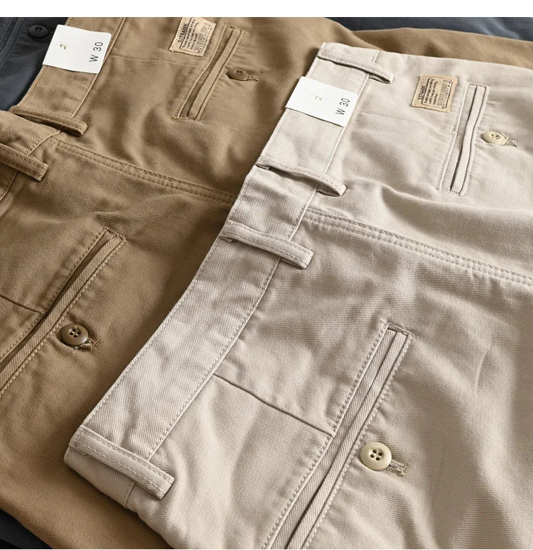 2025 Spring and Autumn New American Retro Woven Twill Chino Cargo Pants Men's Simple 100% Cotton Washed Casual Straight Trousers