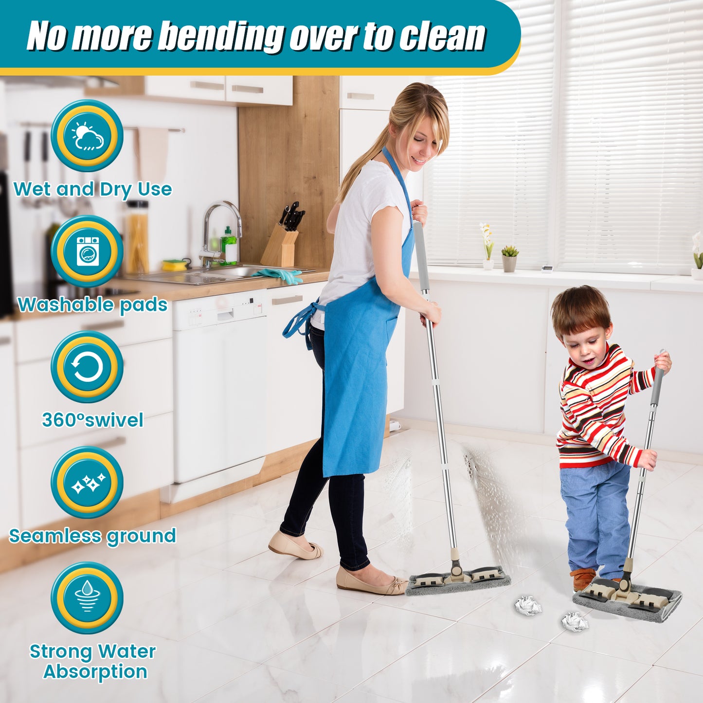 360° Rotating Flat Floor Mop with 127CM Adjustable Handle Dusting Microfiber Pad Lazy Mops Rectangular Home Floor Cleaning Tool