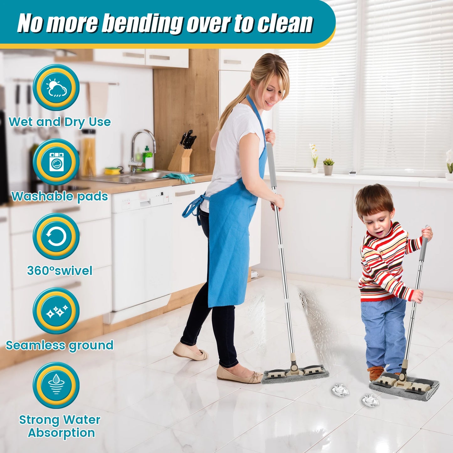 360° Rotating Flat Floor Mop with 127CM Adjustable Handle Dusting Microfiber Pad Lazy Mops Rectangular Home Floor Cleaning Tool