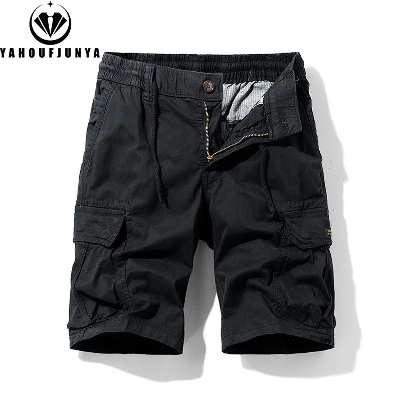Men Summer Solid Color Outdoor Leisure Cargo Comfortable Shorts Men Elastic Waist Loose Straight High-Quality Design Shorts Male
