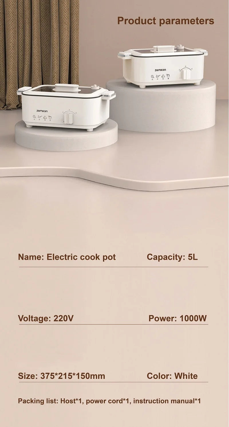 5L Home Electric Hot Pot Large-capacity Non-stick Electric Wok Multi-functional Pot 2 Gear Temperature Adjust Frying Pan 220V