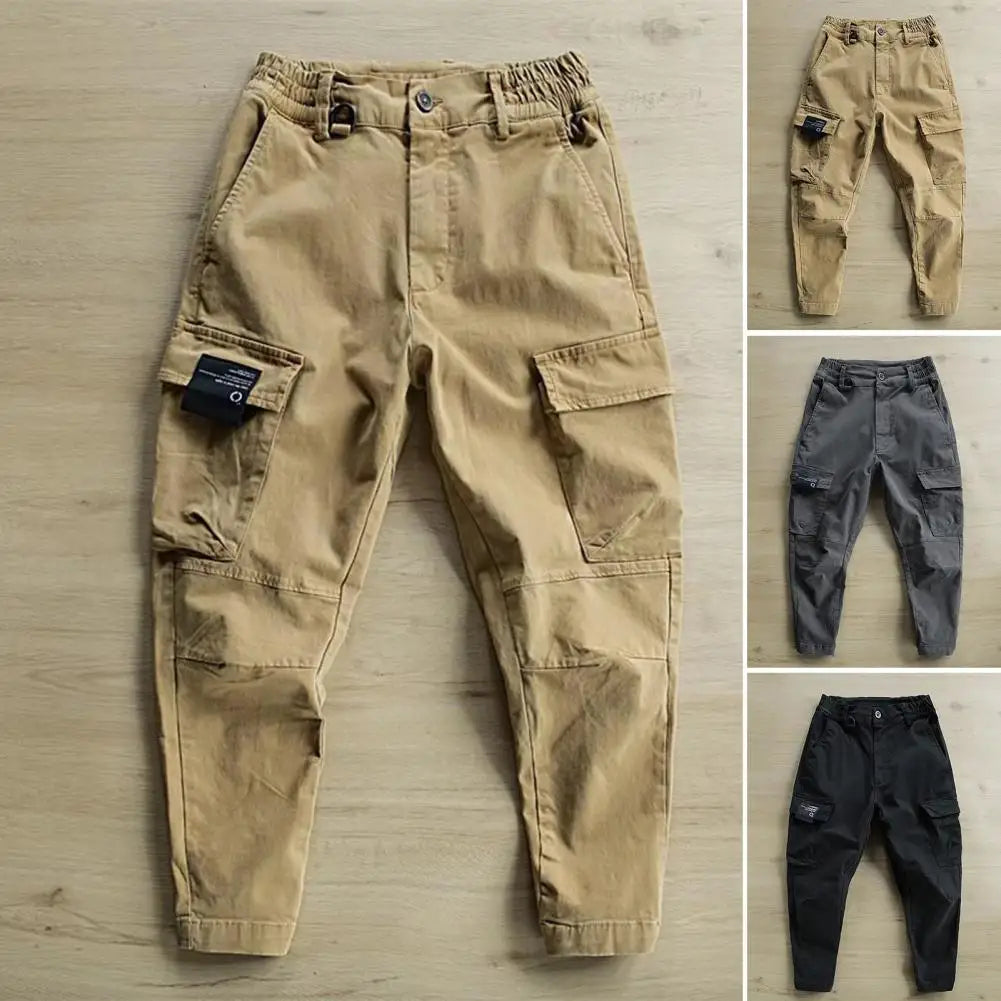 Stylish Cargo Pants Ankle-Length Solid Color Multi Pockets Men Fitness Pants Slim Fit Comfortable Sports Pants for Jogging