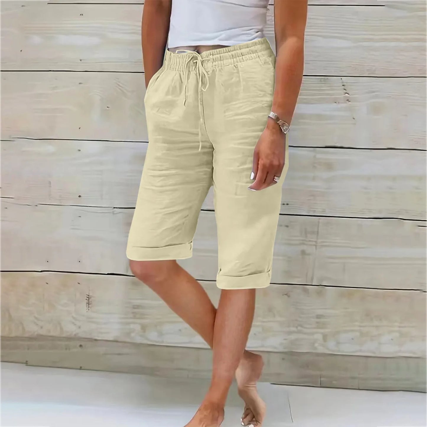 Womens Summer Elastic Waist Pocket Pocket Solid Color Cotton Linen Wide Leg Pants Loose Pants Pants for Women Women’s Pants