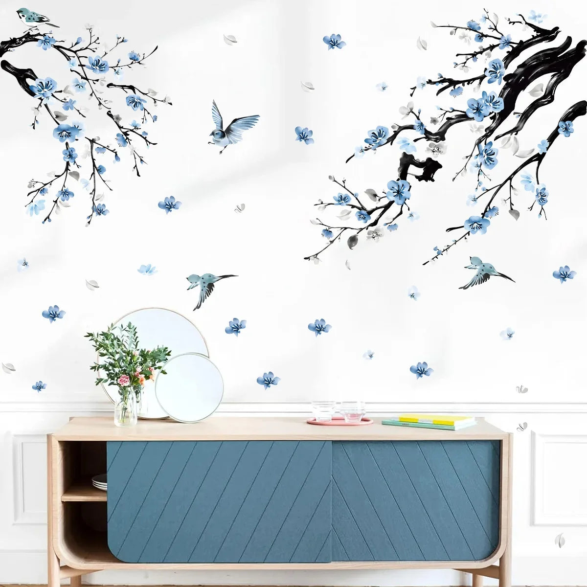 Watercolor Flower Tree Branch Wall Sticker Bedroom Playroom Blossom Bird Forest Wall Decal Living Room Sofa TV Background Decor
