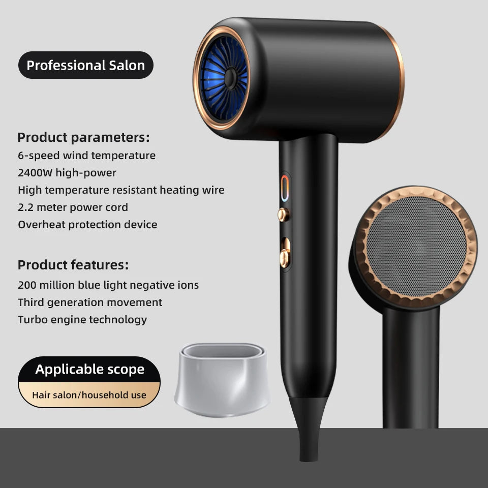 Professional Hair Dryer Negative Lonic Blow Dryer Hot Cold Wind Air Brush Hairdryer Strong PowerDryer Salon Tool 2400W 3th Gear