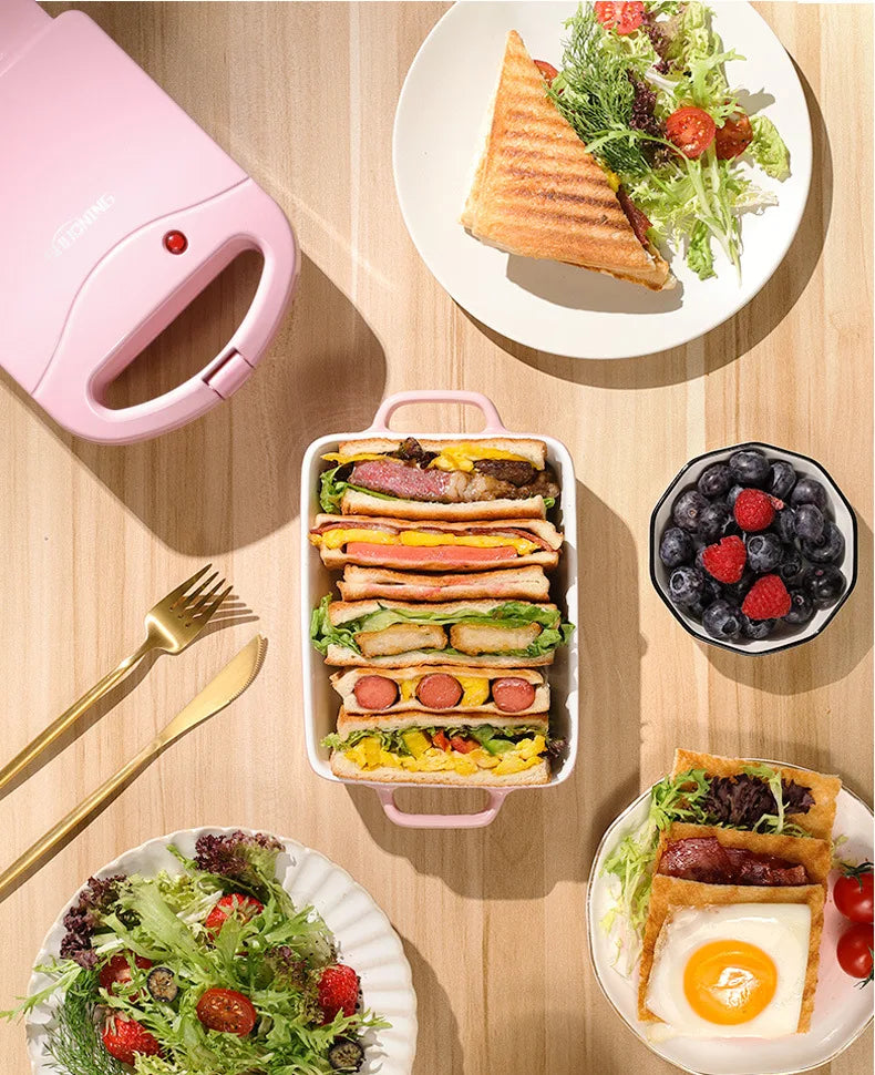 Portable Electric Sandwich Maker Home Multifunctional Machine Non-Stick Breakfast Maker Waffle Baking Pan Pot Pink Red Color