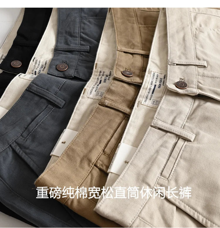 2025 Spring and Autumn New American Retro Woven Twill Chino Cargo Pants Men's Simple 100% Cotton Washed Casual Straight Trousers