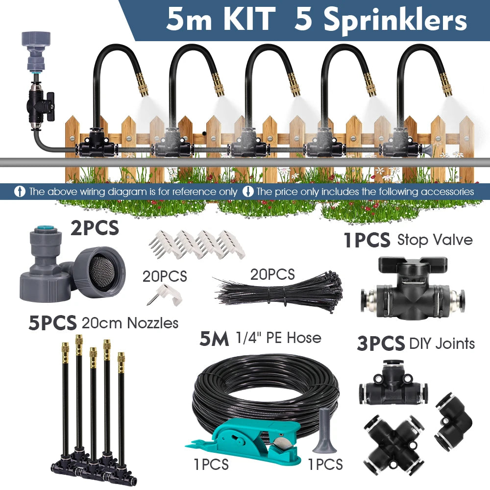 5-30m 1/4" 4/6mm Garden Misting Cooling System 360° Free-bend Misting Nozzle Adjustable Atomizer Sprayer Outdoor Watering Kits