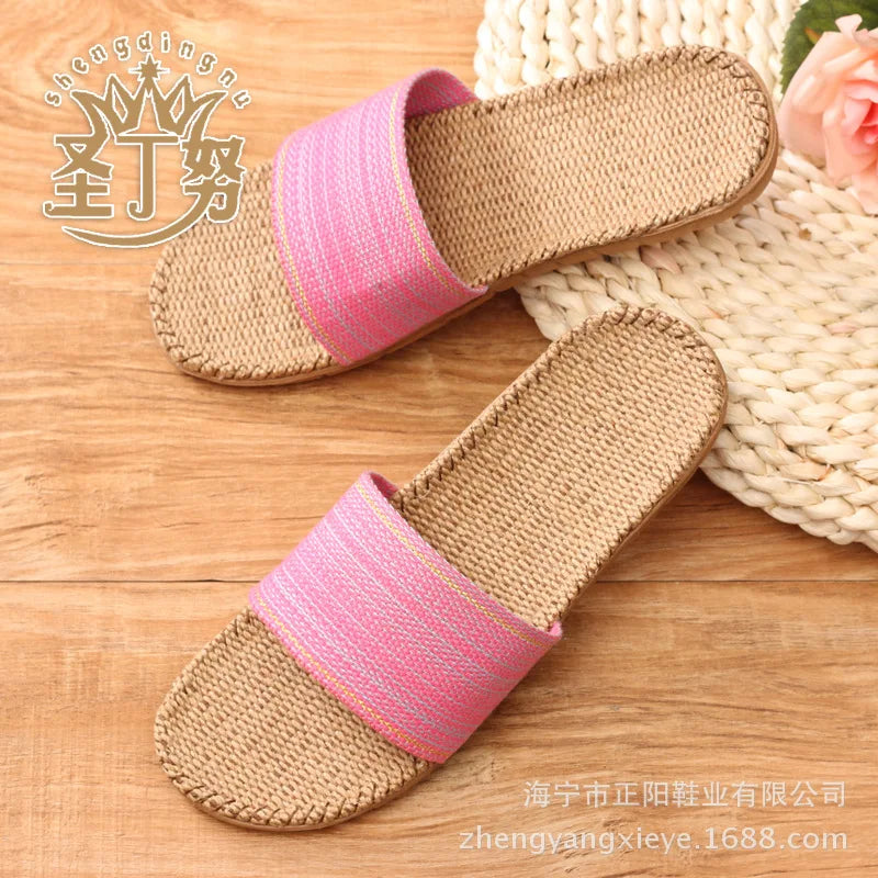 Linen Slippers For Female Summer Home Indoor Lovers Anti-Skid Thick Floor Shoe For Male Summer Home Cotton And Linen Sandals