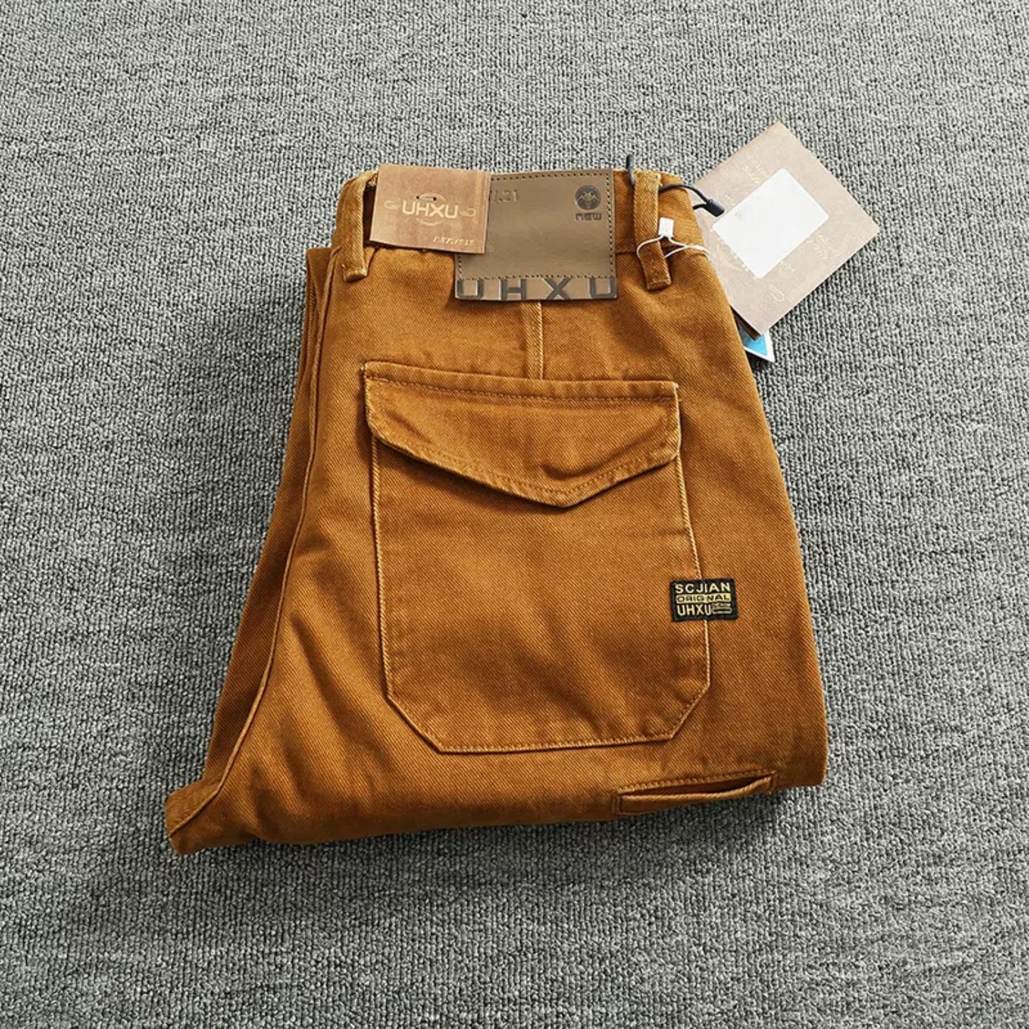 Retro heavy simple cargo pants men's loose straight leg casual pants pure cotton twill woven 3D vertical cut cone pants