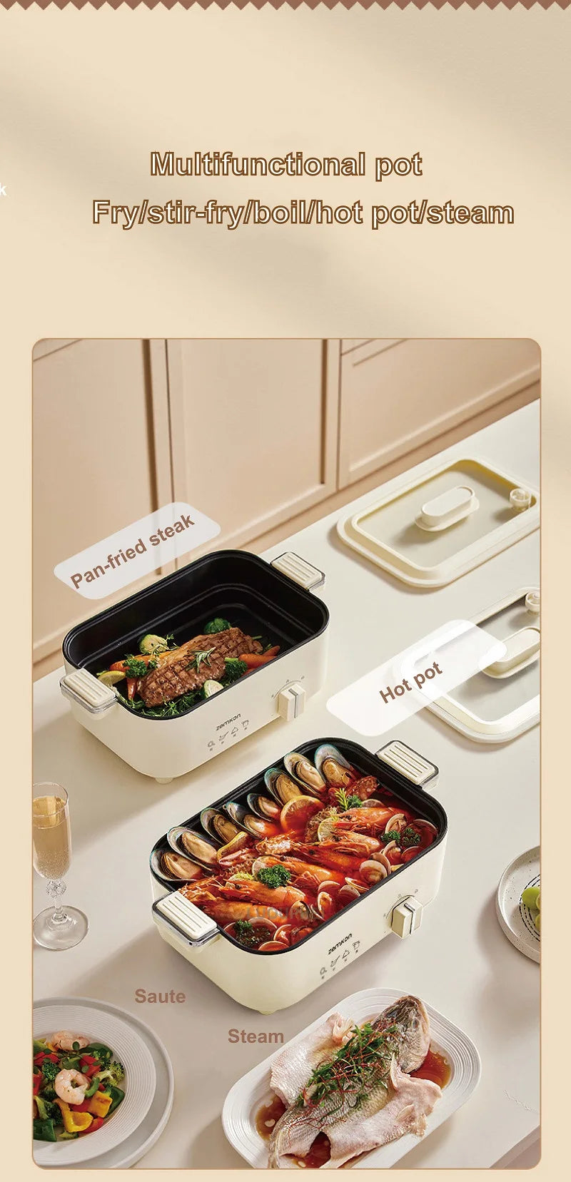 5L Home Electric Hot Pot Large-capacity Non-stick Electric Wok Multi-functional Pot 2 Gear Temperature Adjust Frying Pan 220V