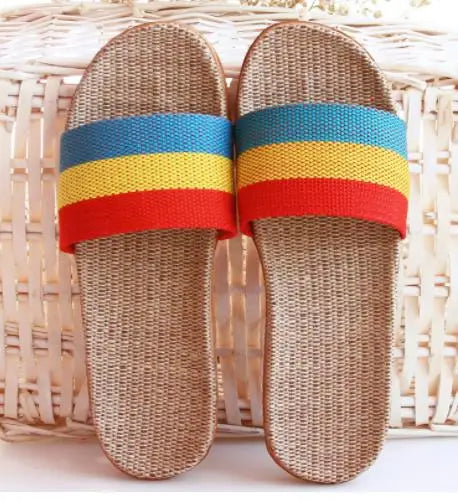 Linen Women Shoes Color Matching Leisure Indoor Floor Shoes Summer Home Slippers Ladies Open Toe Slippers Flat Shoes