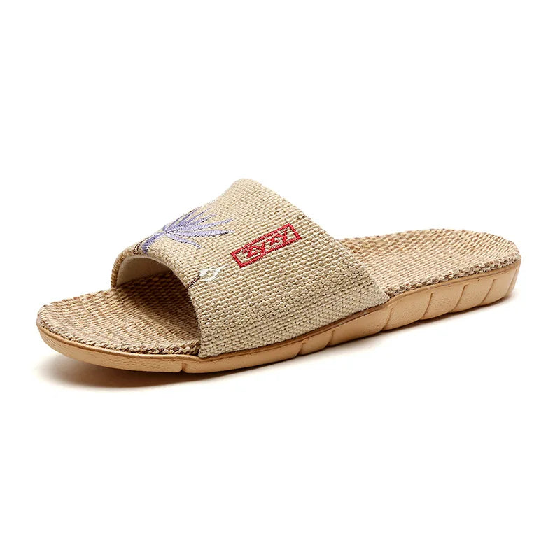 New Linen Slippers For Women Summer Indoor Home Non-Slip Home Home Embroidered Sandals Summer
