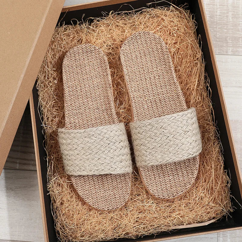 Summer Linen Slippers Woven Home Indoor Couple Sandals Breathable Non Slip Sweat Absorbing Wooden Floor Cotton Linen