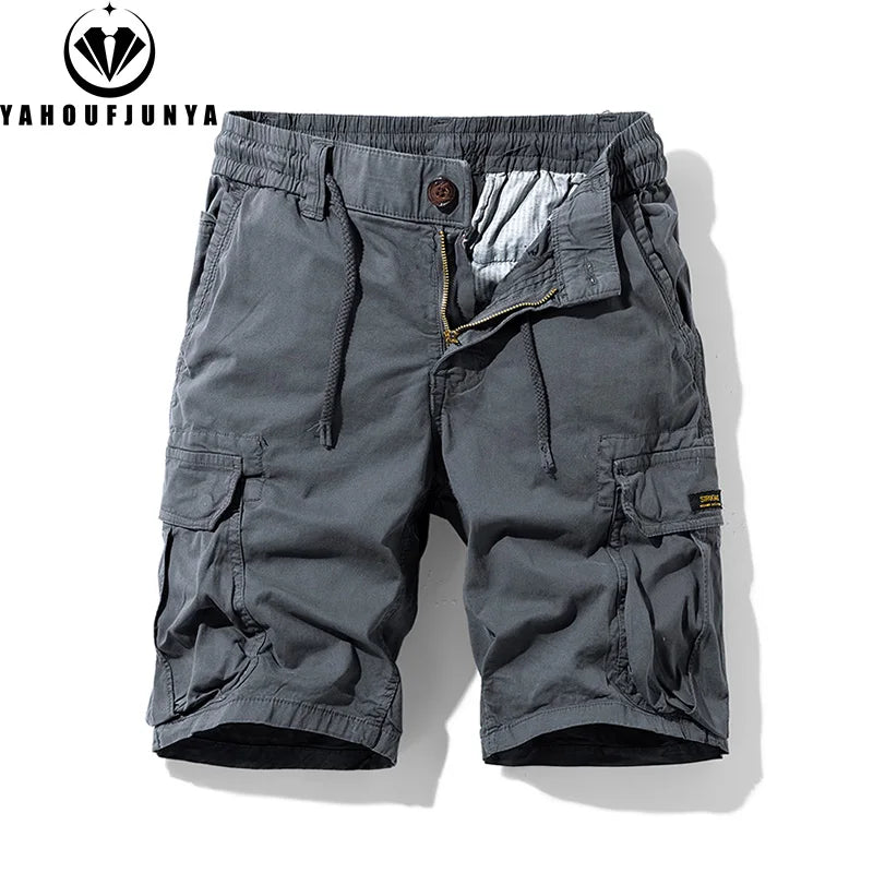 Men Summer Solid Color Outdoor Leisure Cargo Comfortable Shorts Men Elastic Waist Loose Straight High-Quality Design Shorts Male