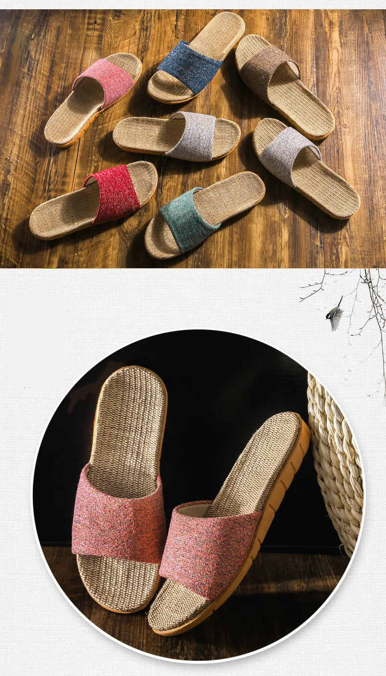 Linen Women Shoes Color Matching Leisure Indoor Floor Shoes Summer Home Slippers Ladies Open Toe Slippers Flat Shoes