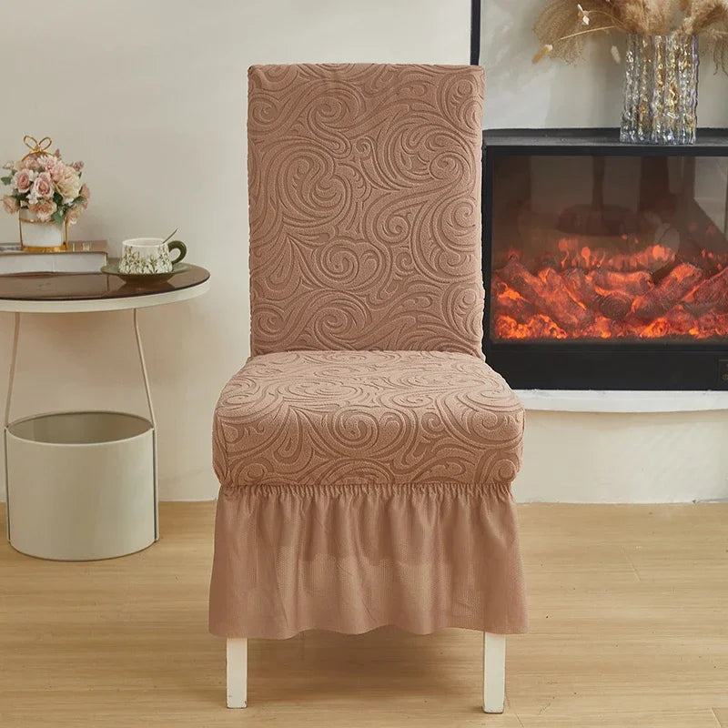 1/2/4/6pcs Jacquard Dining Chair Cover Pure Color All-inclusive Chair Slipcover with Skirt Elastic Durable Seat Protector Decor
