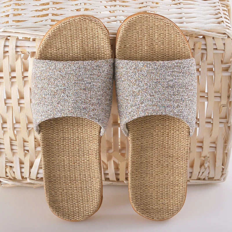 Home couple indoor slippers wooden floor cotton linen linen slippers home non-slip men and women thick bottom summer