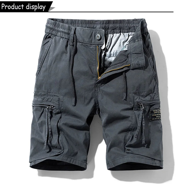 Men Summer Solid Color Outdoor Leisure Cargo Comfortable Shorts Men Elastic Waist Loose Straight High-Quality Design Shorts Male
