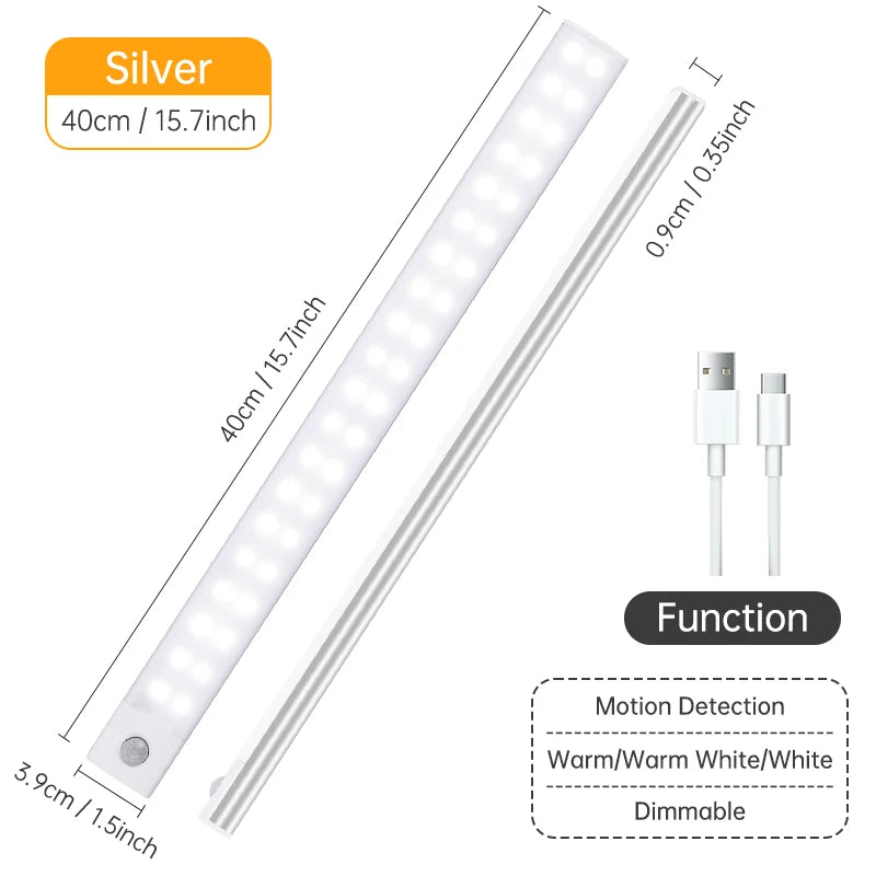 Night Light 20/30/40/60CM Motion Sensor Light Wireless USB LED Cabinet Light Wardrobe Lamp For Kitchen Cabinet Bedroom Wardrobe