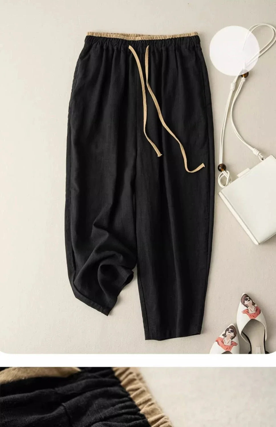 Elastic Drawstring Waist Casual Pants Summer Retro Cotton Linen Loose Harem Pants Basic Versatility Wide-leg Ankle-Length Pants