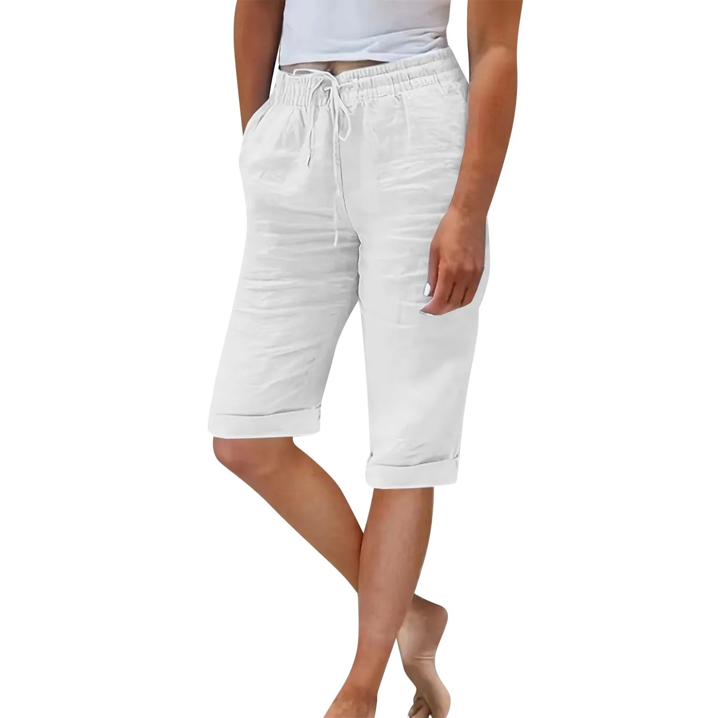 Womens Summer Elastic Waist Pocket Pocket Solid Color Cotton Linen Wide Leg Pants Loose Pants Pants for Women Women’s Pants