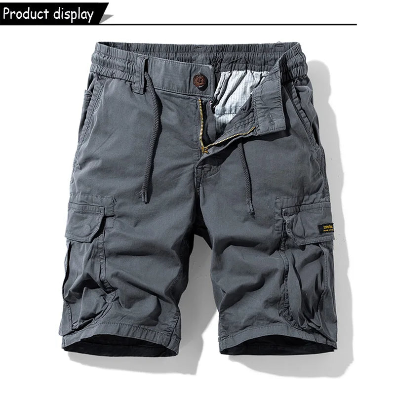 Men Summer Solid Color Outdoor Leisure Cargo Comfortable Shorts Men Elastic Waist Loose Straight High-Quality Design Shorts Male