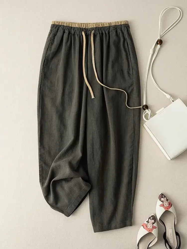 Elastic Drawstring Waist Casual Pants Summer Retro Cotton Linen Loose Harem Pants Basic Versatility Wide-leg Ankle-Length Pants