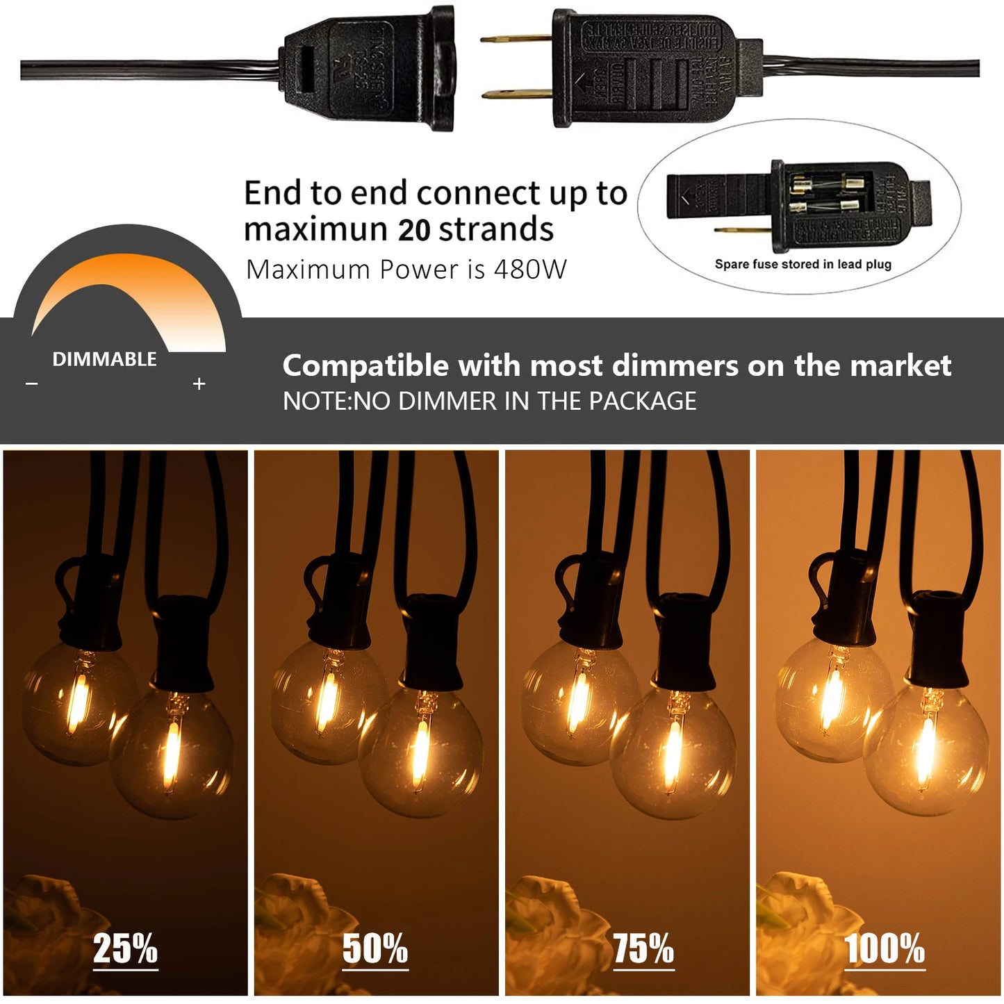 Sphoon Vintage G40 LED String Lights Dimmable Waterproof Connectable 50FT 65FT Garden Garland Decoration Outdoor Fairy Light