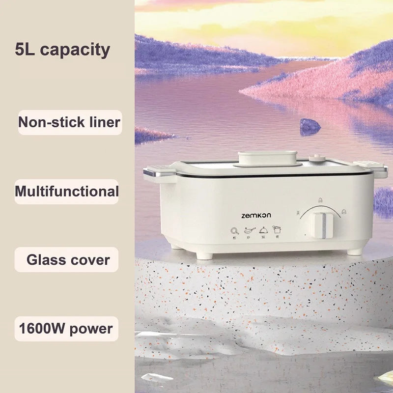 5L Home Electric Hot Pot Large-capacity Non-stick Electric Wok Multi-functional Pot 2 Gear Temperature Adjust Frying Pan 220V