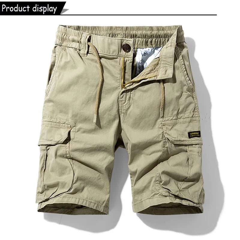 Men Summer Solid Color Outdoor Leisure Cargo Comfortable Shorts Men Elastic Waist Loose Straight High-Quality Design Shorts Male